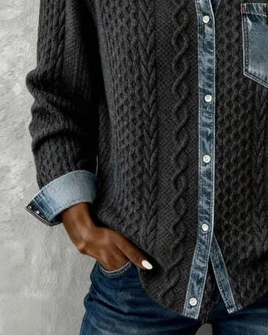 Blusa de Punto con Detalle Denim Mujer Manga Larga Trenzas