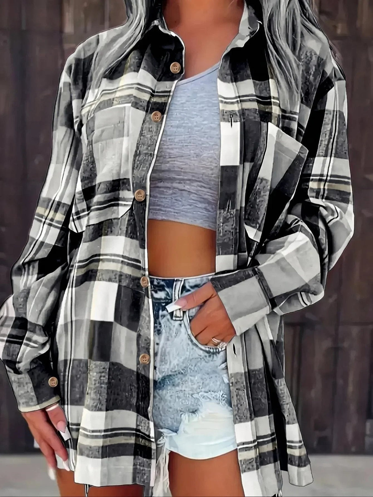 Sobrecamisa Mujer de Cuadros de Algodón Manga Larga Oversize