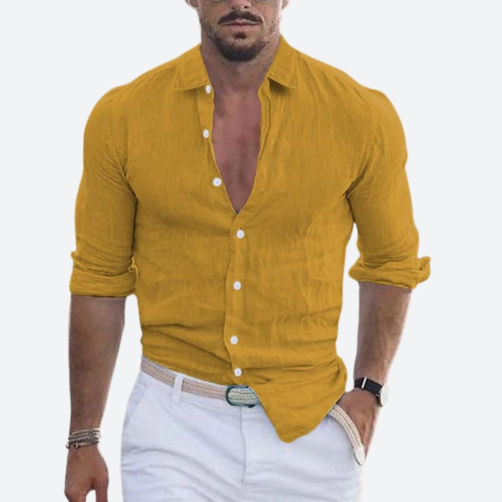 Camisa de Lino de Manga Larga Hombre Cuello Abierto Slim Fit