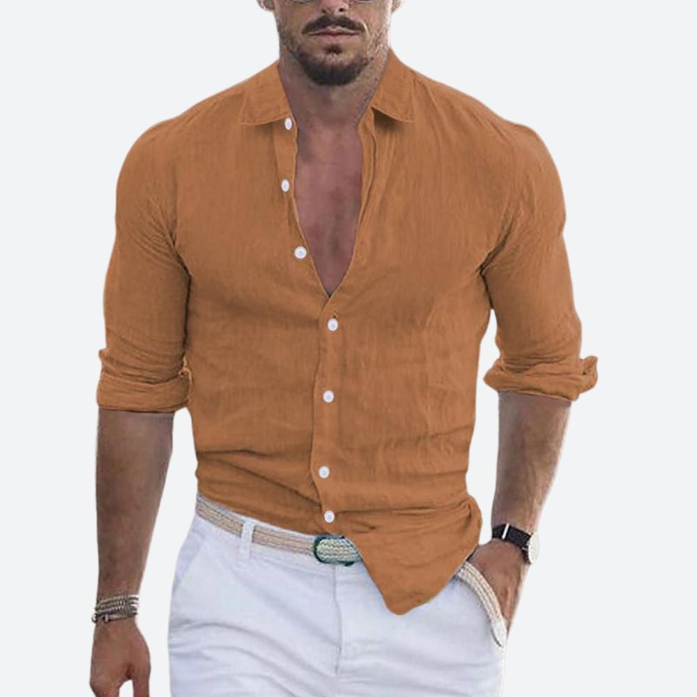 Camisa de Lino de Manga Larga Hombre Cuello Abierto Slim Fit