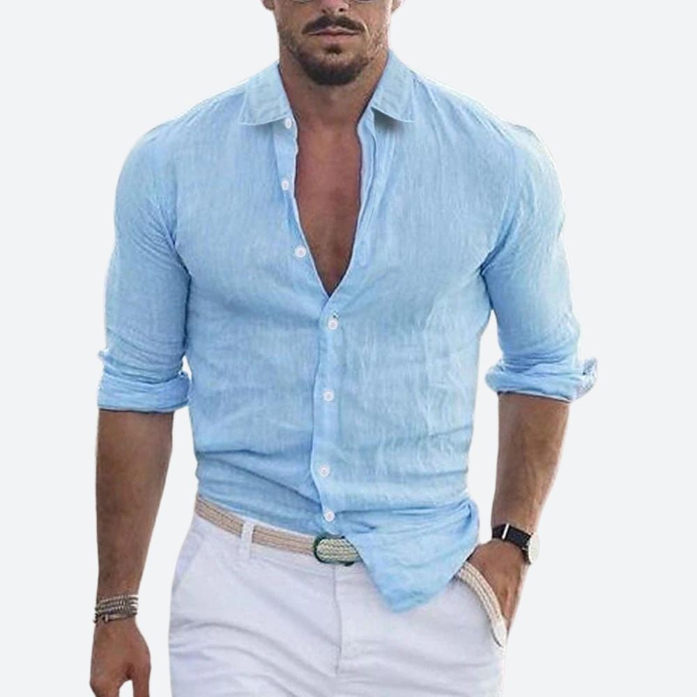 Camisa de Lino de Manga Larga Hombre Cuello Abierto Slim Fit