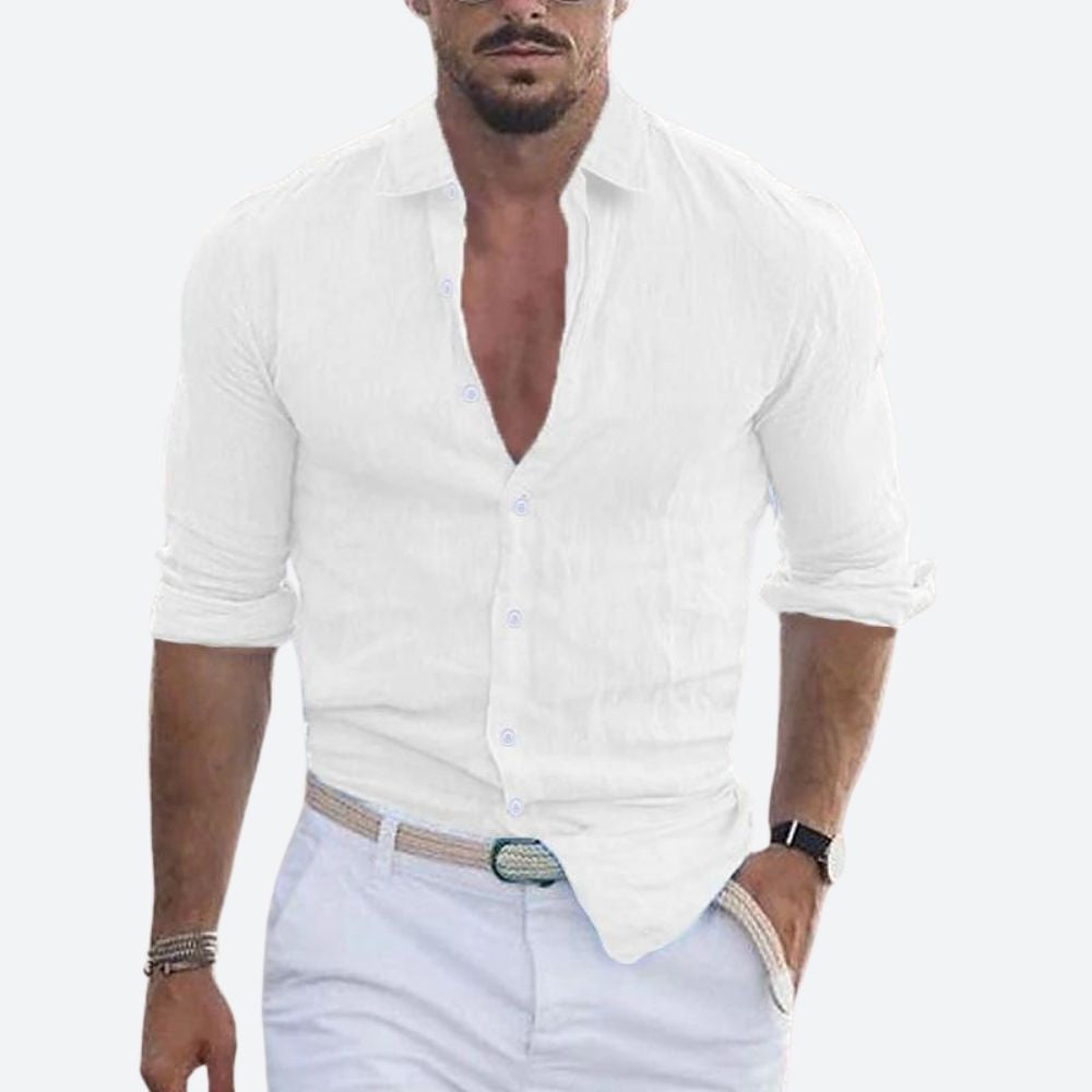 Camisa de Lino de Manga Larga Hombre Cuello Abierto Slim Fit