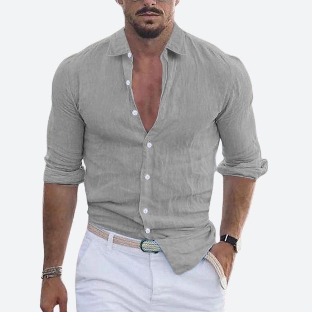 Camisa de Lino de Manga Larga Hombre Cuello Abierto Slim Fit