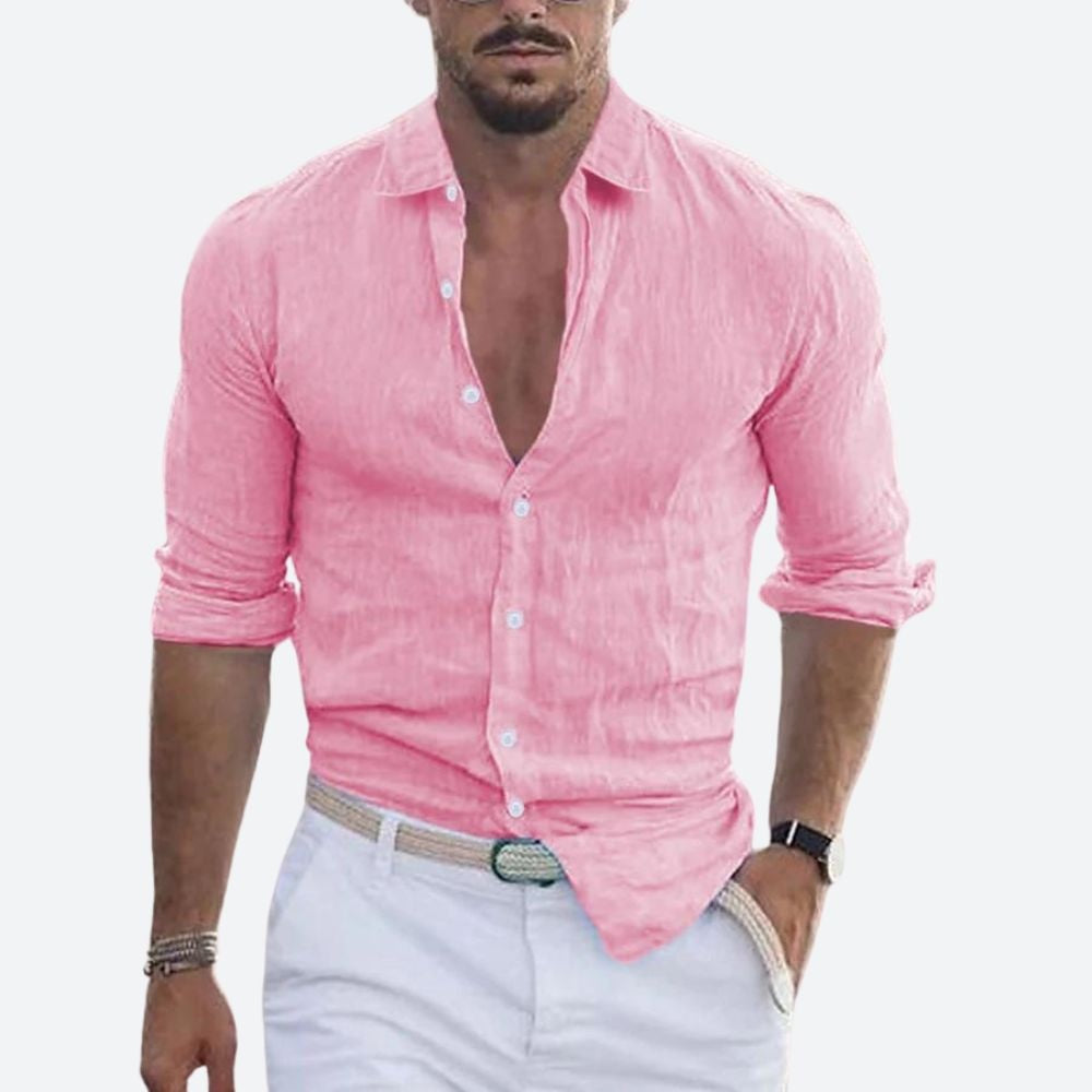Camisa de Lino de Manga Larga Hombre Cuello Abierto Slim Fit