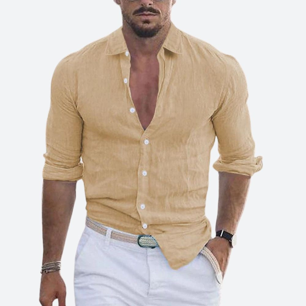 Camisa de Lino de Manga Larga Hombre Cuello Abierto Slim Fit