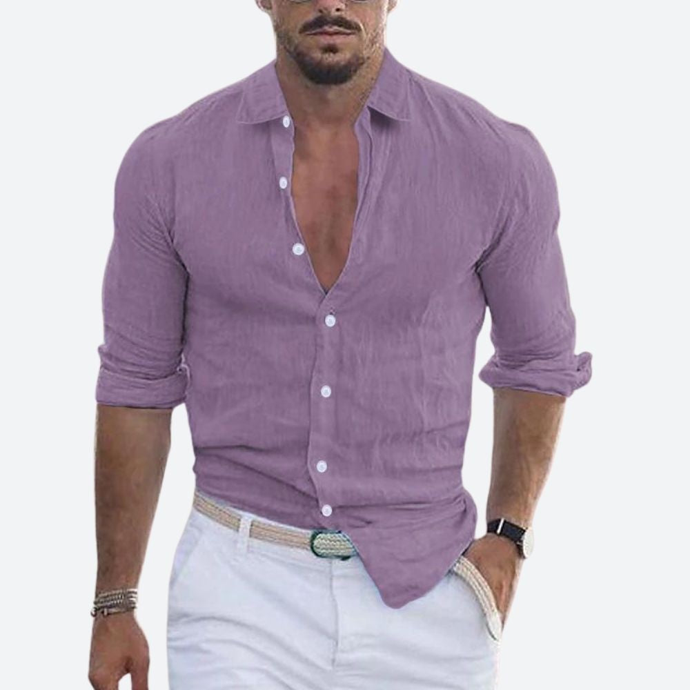 Camisa de Lino de Manga Larga Hombre Cuello Abierto Slim Fit