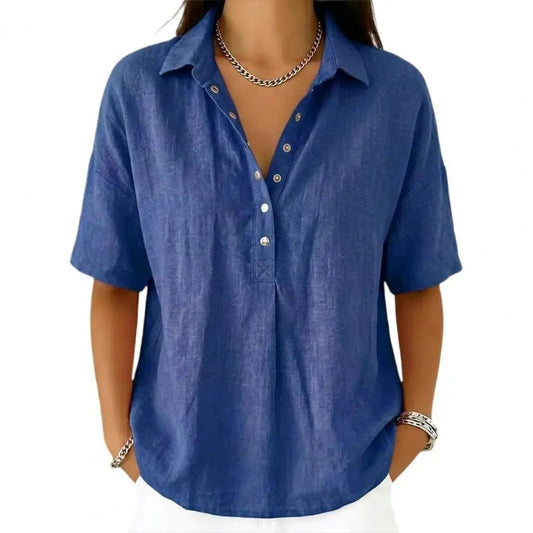 Blusa de Lino Mujer Manga Corta Cuello Polo