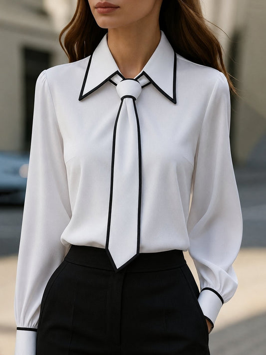 Camisa Blanca Mujer de Manga Larga Cuello con Lazo