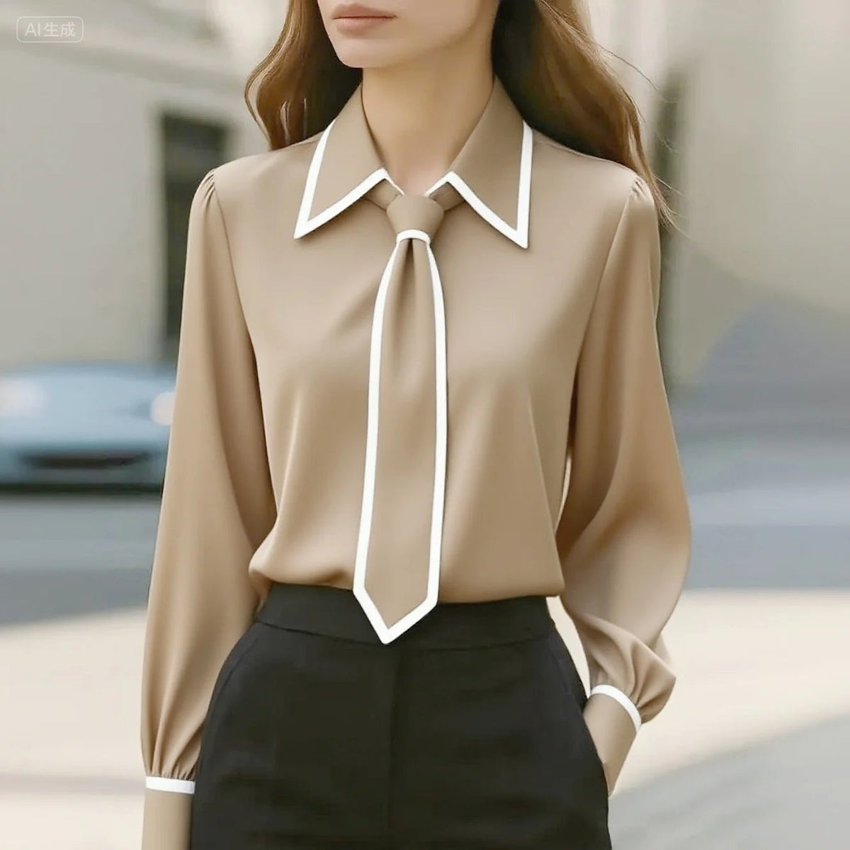 Camisa Blanca Mujer de Manga Larga Cuello con Lazo