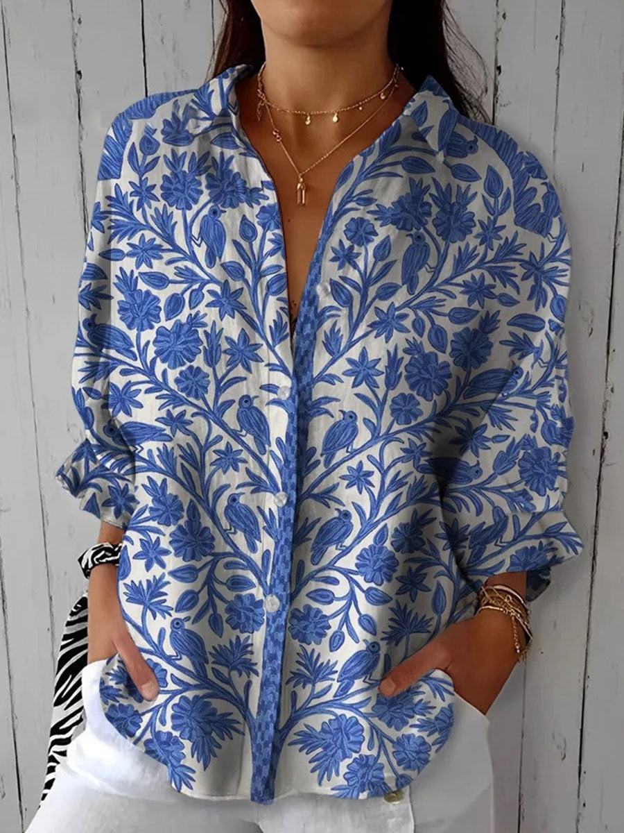 Blusa Tropical de Verano Estampada Mujer Escote V