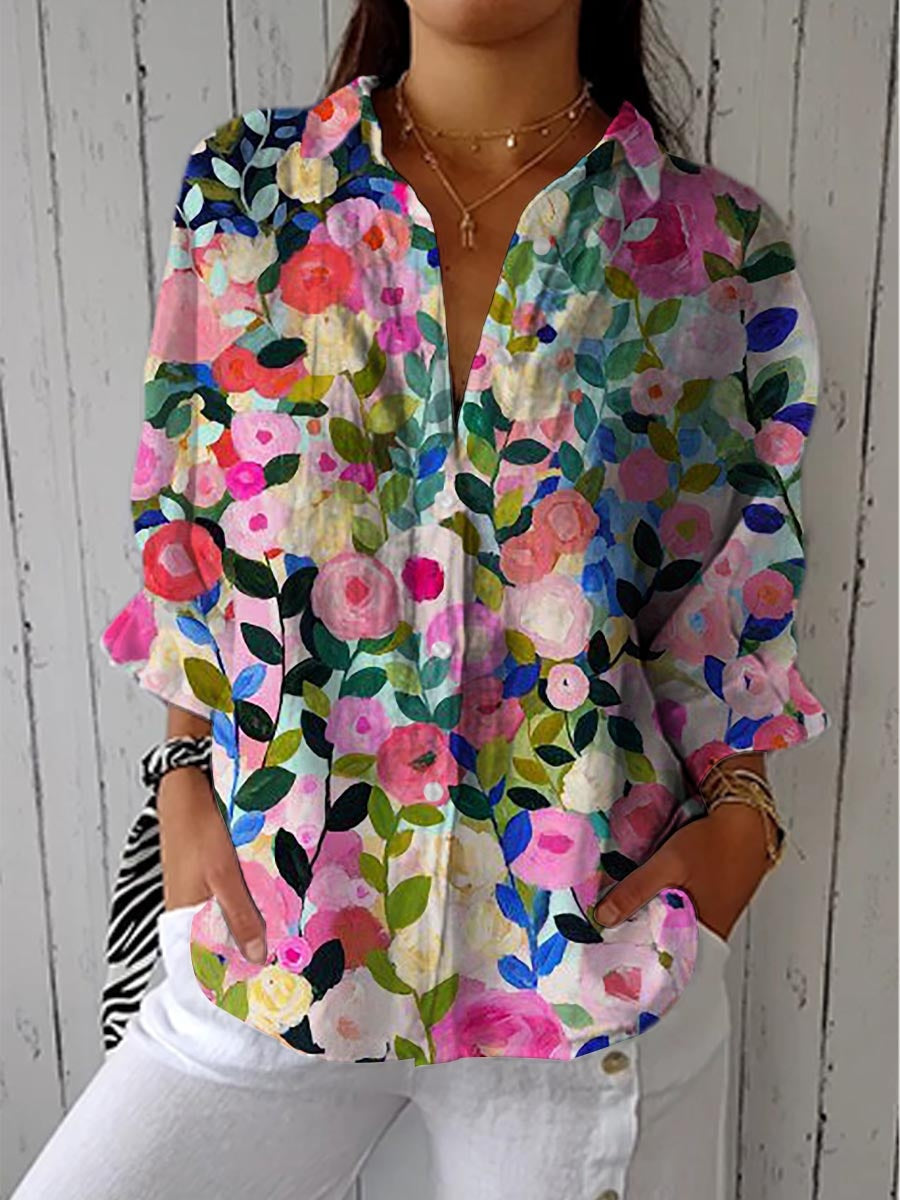 Blusa Tropical de Verano Estampada Mujer Escote V