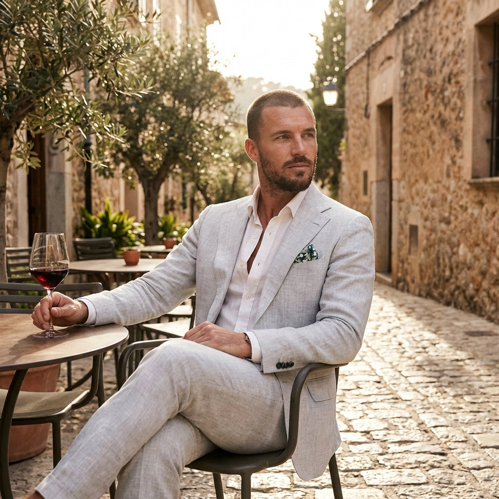 Traje de Lino de Corte Relajado Hombre Solapa Clásica