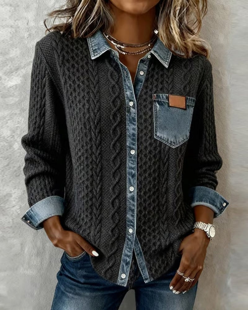 Blusa de Punto con Detalle Denim Mujer Manga Larga Trenzas