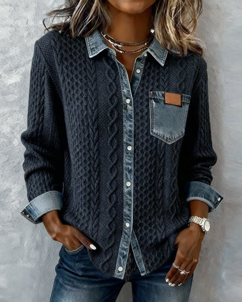 Blusa de Punto con Detalle Denim Mujer Manga Larga Trenzas