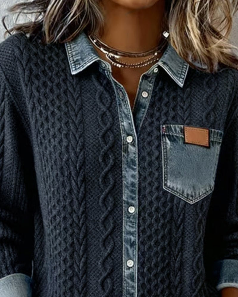 Blusa de Punto con Detalle Denim Mujer Manga Larga Trenzas