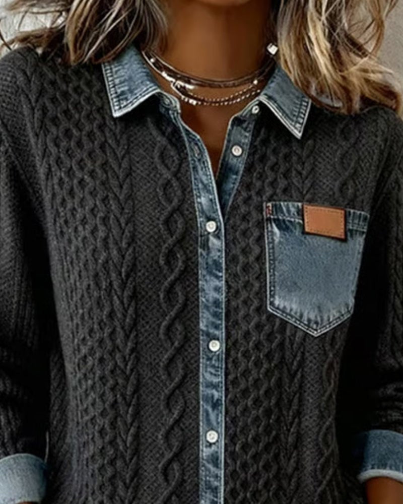 Blusa de Punto con Detalle Denim Mujer Manga Larga Trenzas