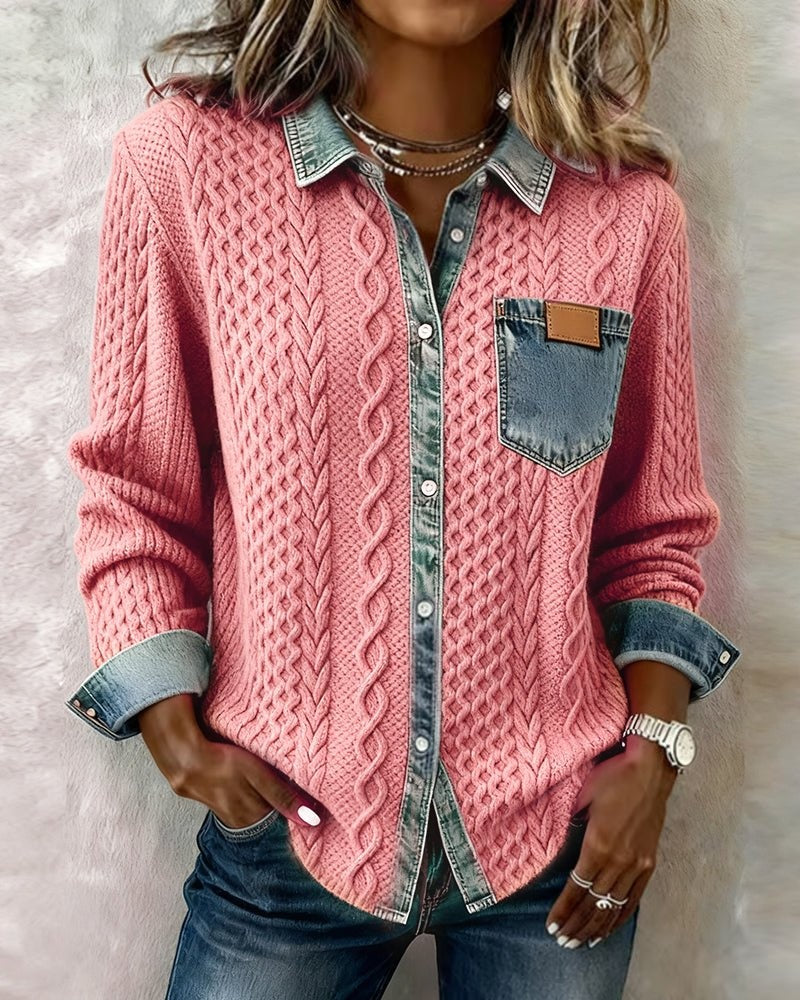 Blusa de Punto con Detalle Denim Mujer Manga Larga Trenzas