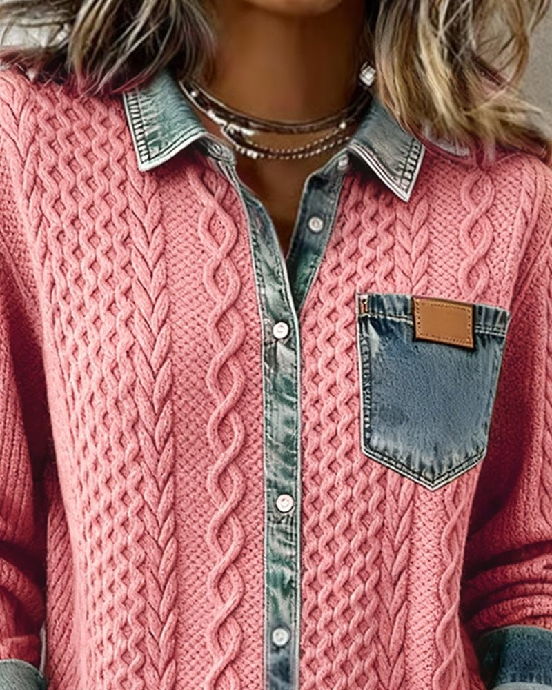 Blusa de Punto con Detalle Denim Mujer Manga Larga Trenzas