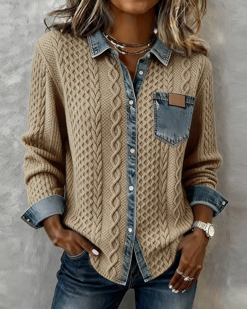 Blusa de Punto con Detalle Denim Mujer Manga Larga Trenzas