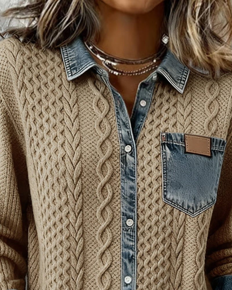 Blusa de Punto con Detalle Denim Mujer Manga Larga Trenzas