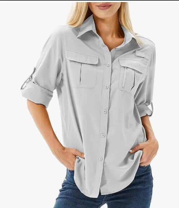Camisa de Manga Larga Mujer Bolsillos Funcionales