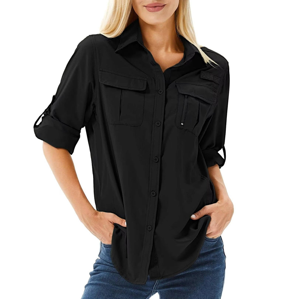Camisa de Manga Larga Mujer Bolsillos Funcionales