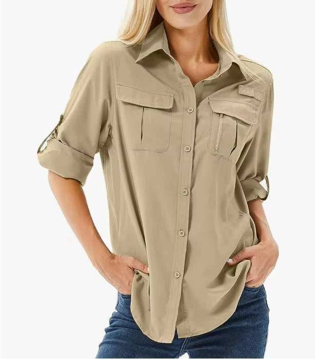 Camisa de Manga Larga Mujer Bolsillos Funcionales