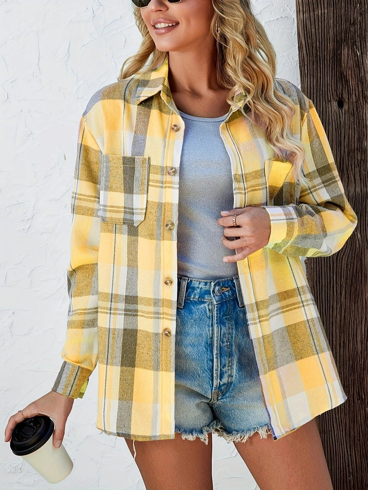 Sobrecamisa Mujer de Cuadros de Algodón Manga Larga Oversize