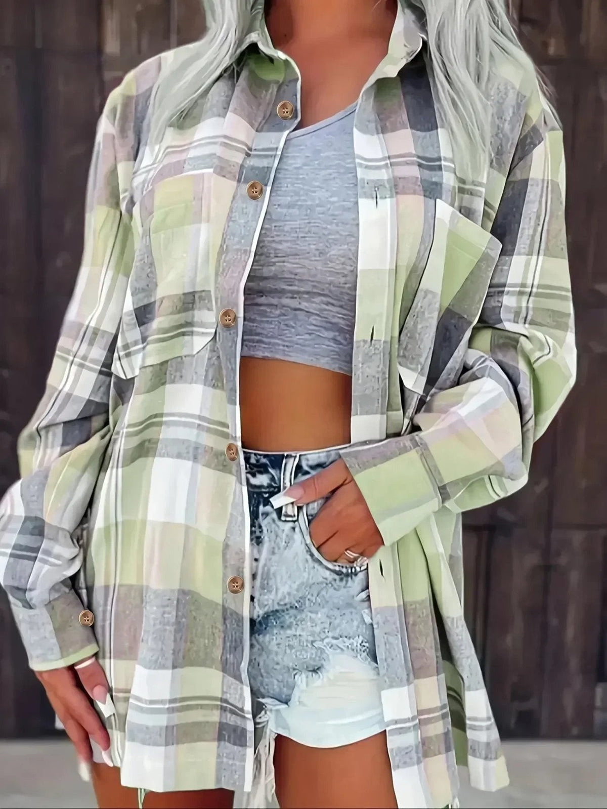 Sobrecamisa Mujer de Cuadros de Algodón Manga Larga Oversize