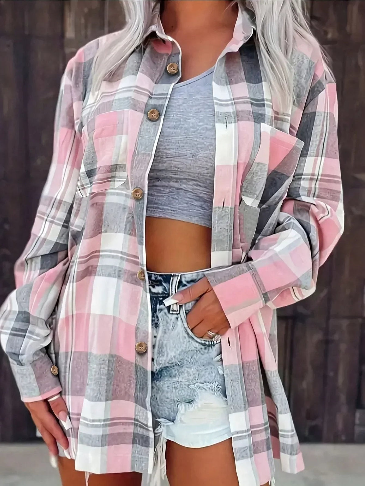 Sobrecamisa Mujer de Cuadros de Algodón Manga Larga Oversize