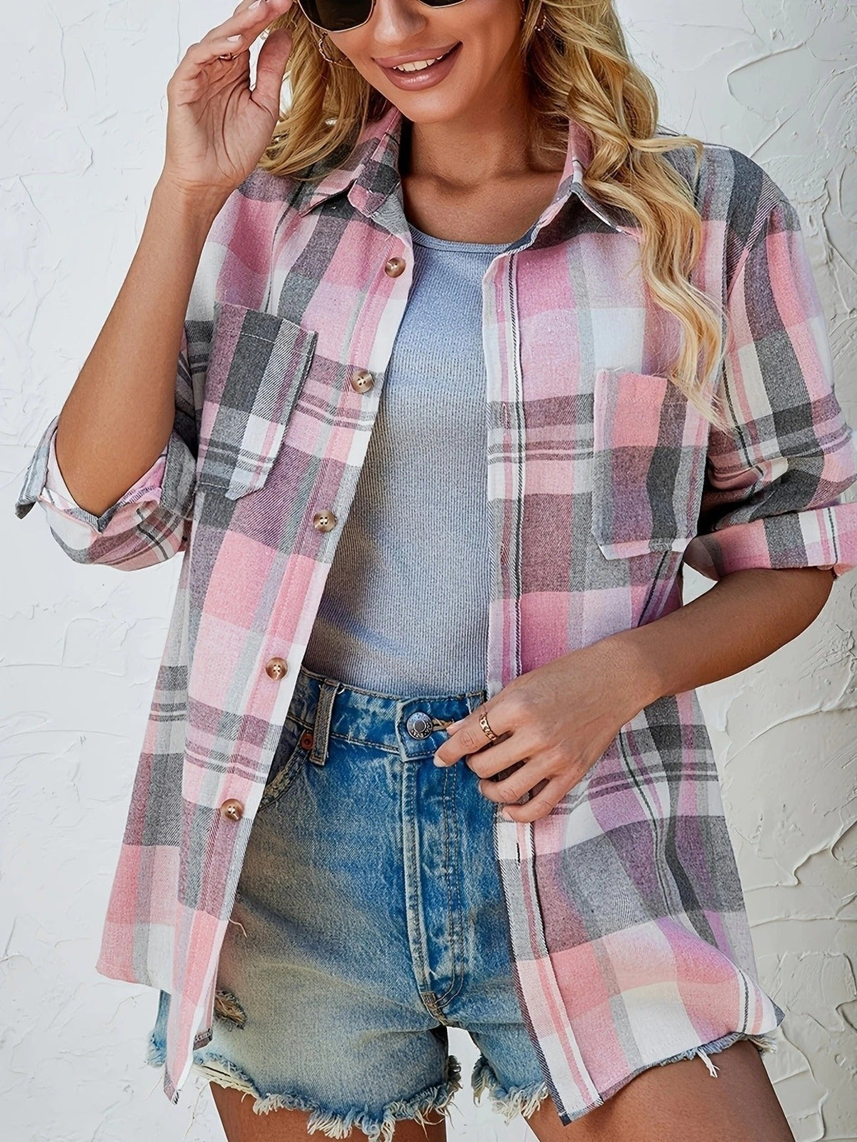 Sobrecamisa Mujer de Cuadros de Algodón Manga Larga Oversize