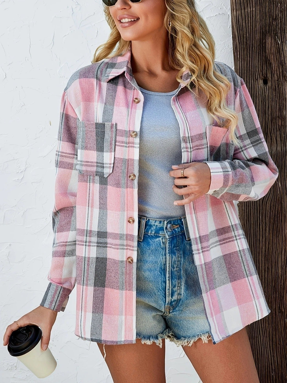 Sobrecamisa Mujer de Cuadros de Algodón Manga Larga Oversize