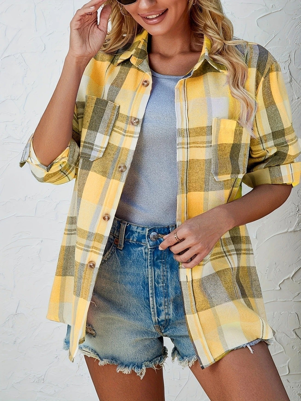Sobrecamisa Mujer de Cuadros de Algodón Manga Larga Oversize