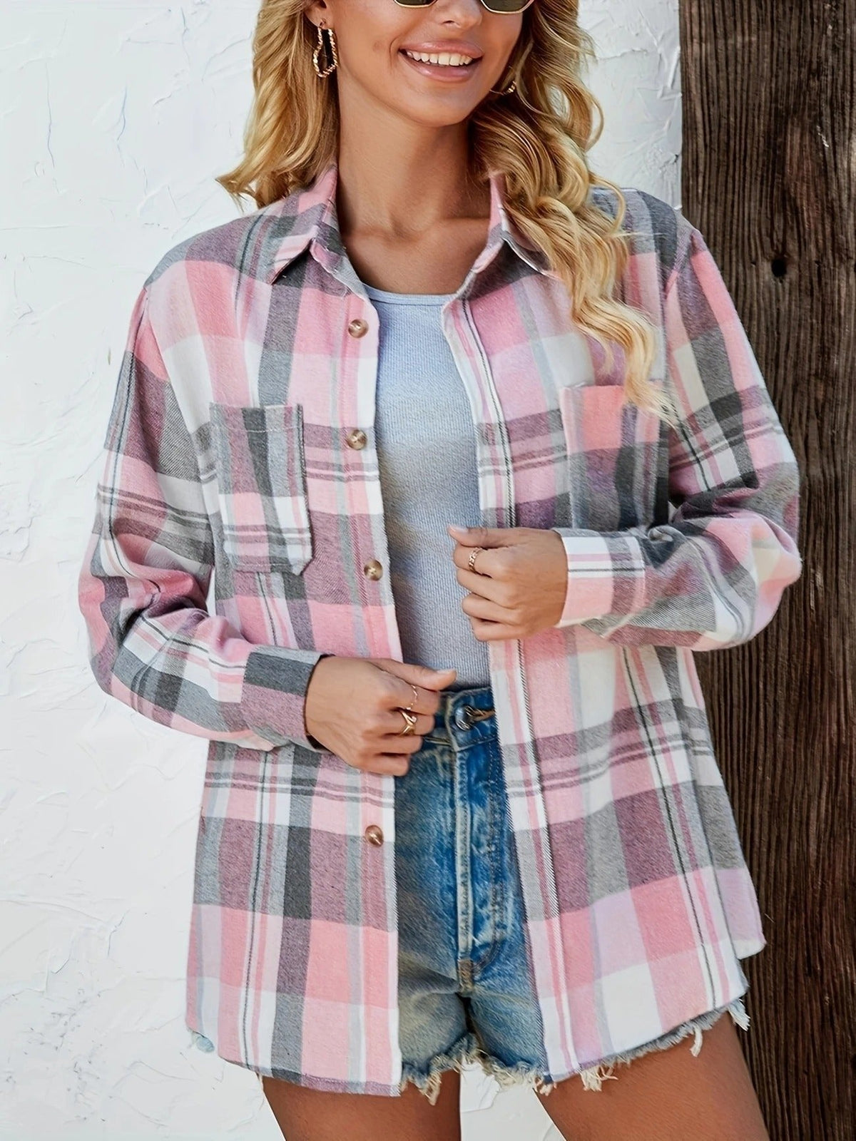 Camisa de Cuadros de Manga Larga Mujer Oversized