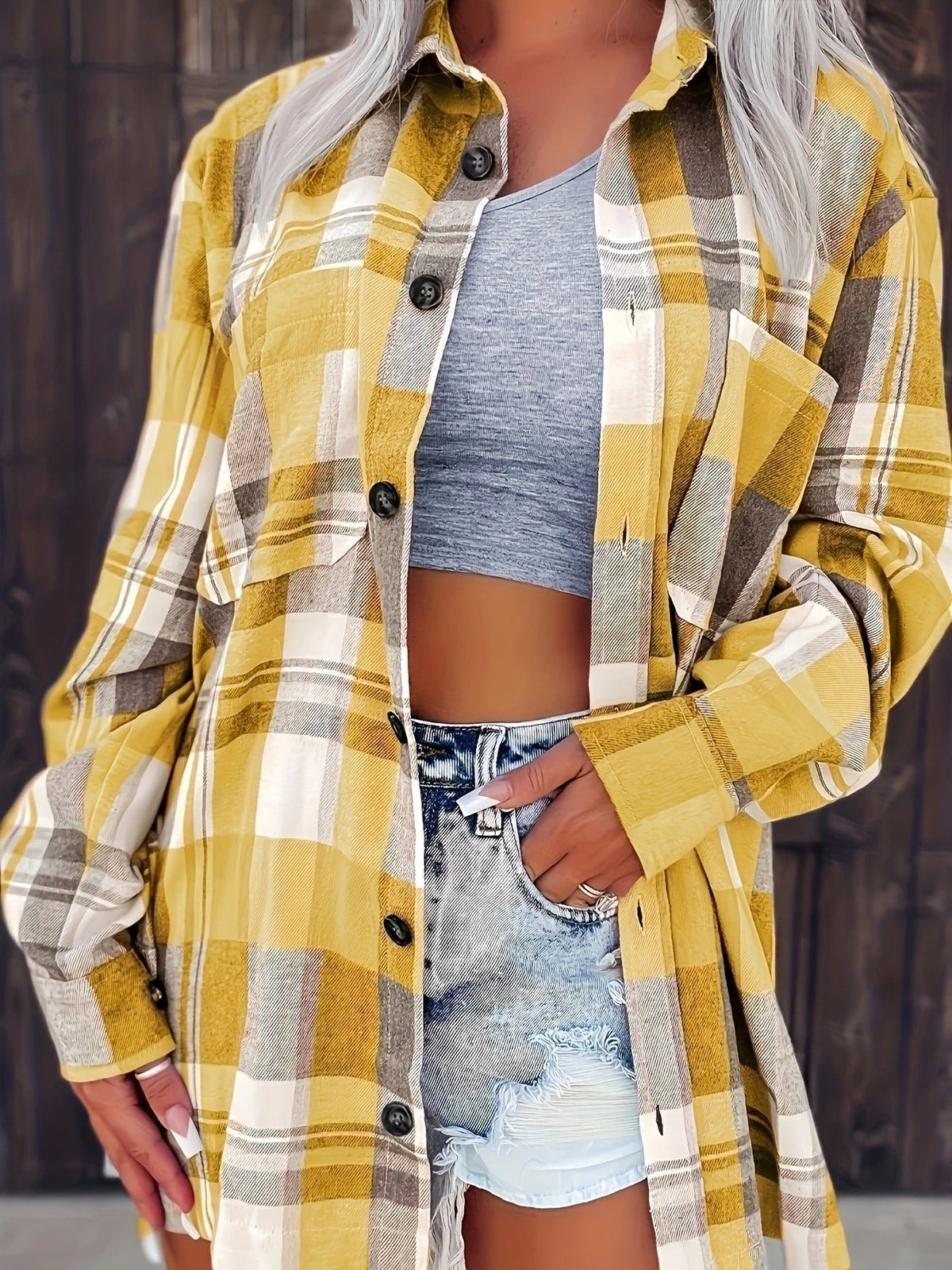 Camisa de Cuadros de Manga Larga Mujer Oversized