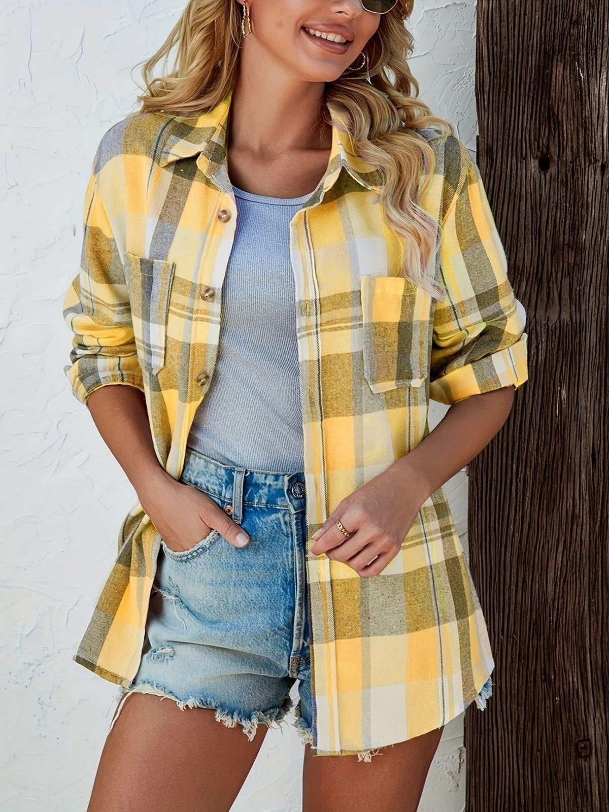 Camisa de Cuadros de Manga Larga Mujer Oversized