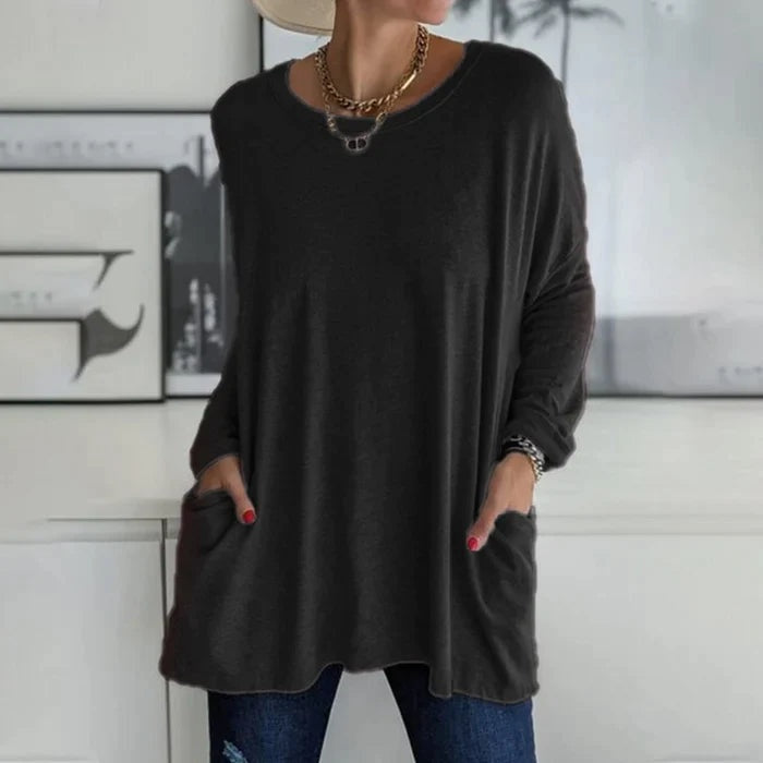 Camiseta Oversize de Manga Larga Mujer Bolsillos Cuello Redondo