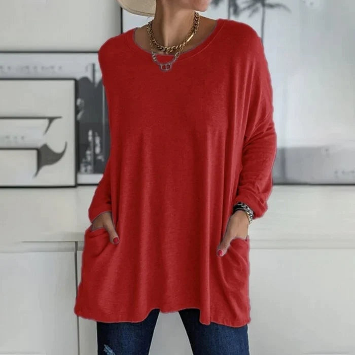 Camiseta Oversize de Manga Larga Mujer Bolsillos Cuello Redondo