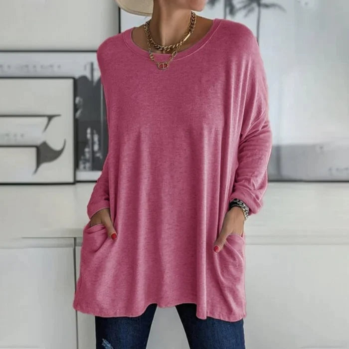 Camiseta Oversize de Manga Larga Mujer Bolsillos Cuello Redondo
