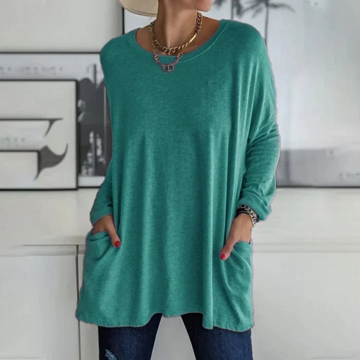 Camiseta Oversize de Manga Larga Mujer Bolsillos Cuello Redondo