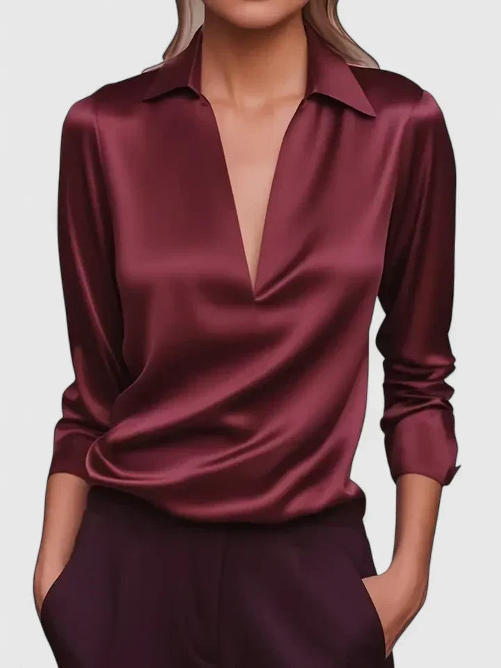 Blusa de Manga Larga con Escote Drapeado Mujer