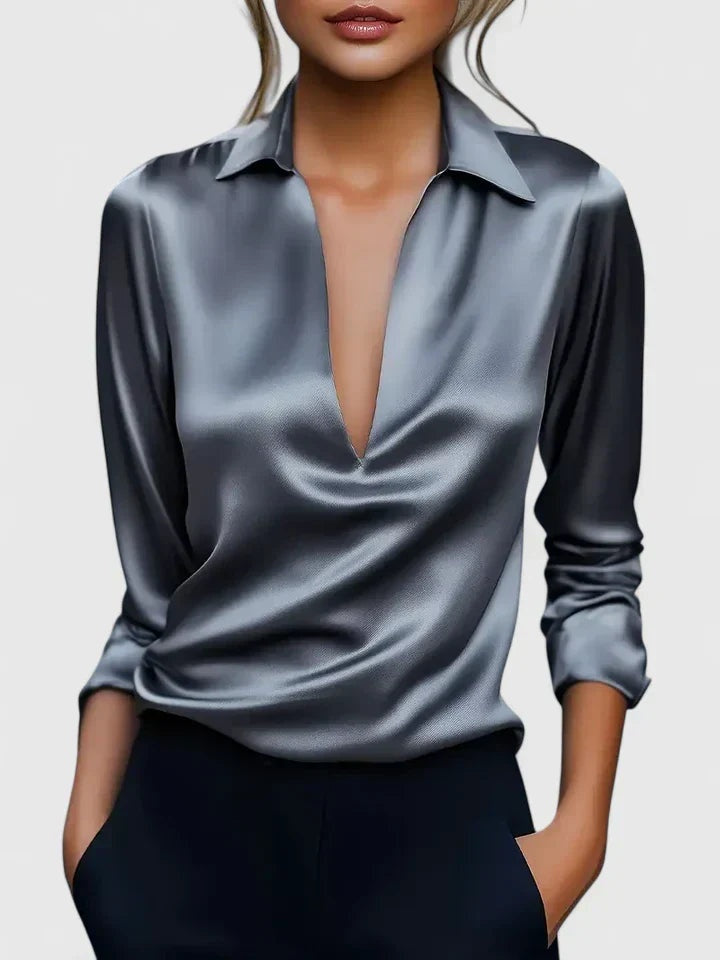 Blusa de Manga Larga con Escote Drapeado Mujer