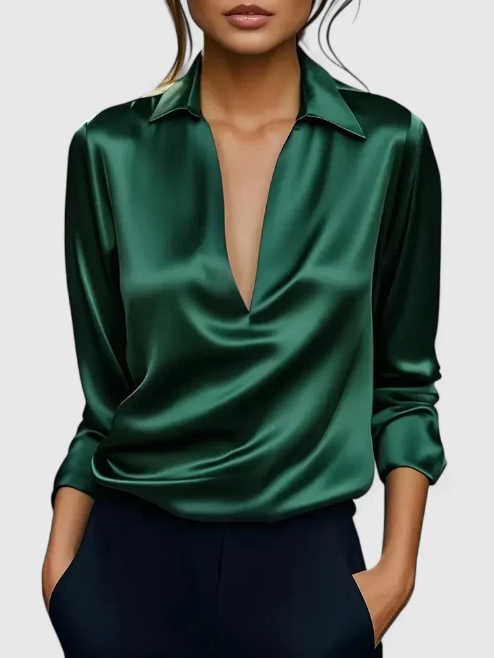 Blusa de Manga Larga con Escote Drapeado Mujer