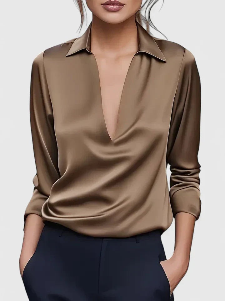 Blusa de Manga Larga con Escote Drapeado Mujer