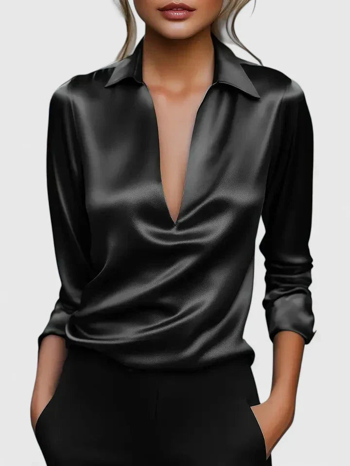 Blusa de Manga Larga con Escote Drapeado Mujer