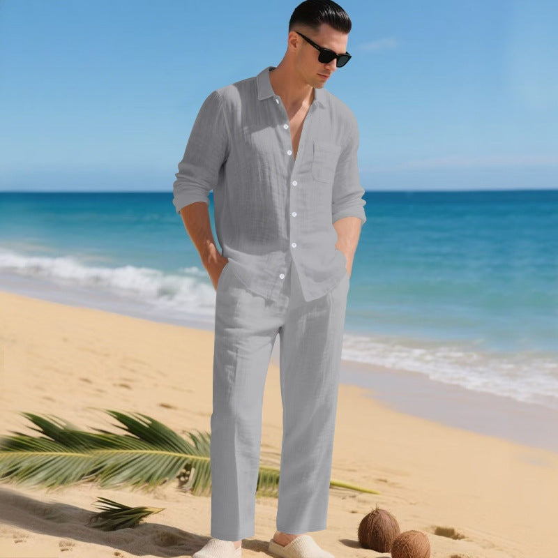 Conjunto de Lino Hombre Camisa Manga Larga y Pantalón