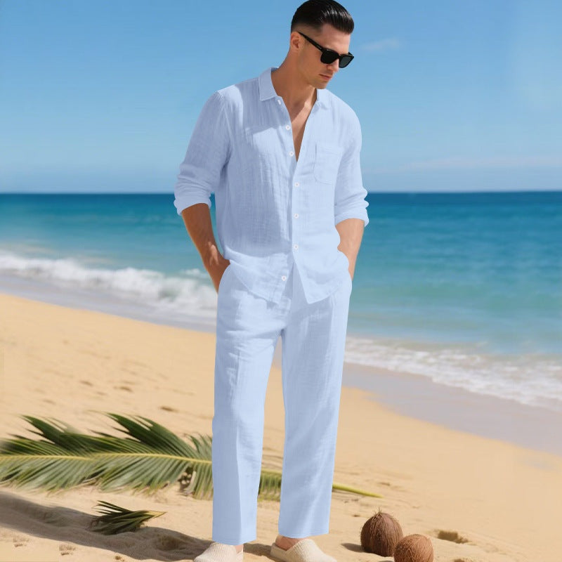Conjunto de Lino Hombre Camisa Manga Larga y Pantalón