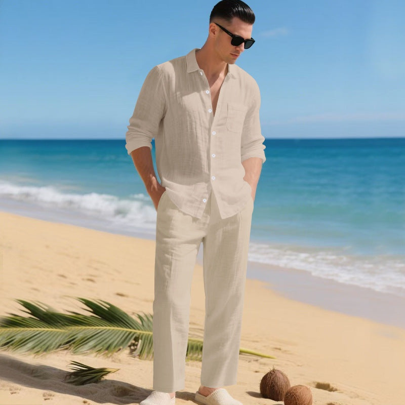 Conjunto de Lino Hombre Camisa Manga Larga y Pantalón