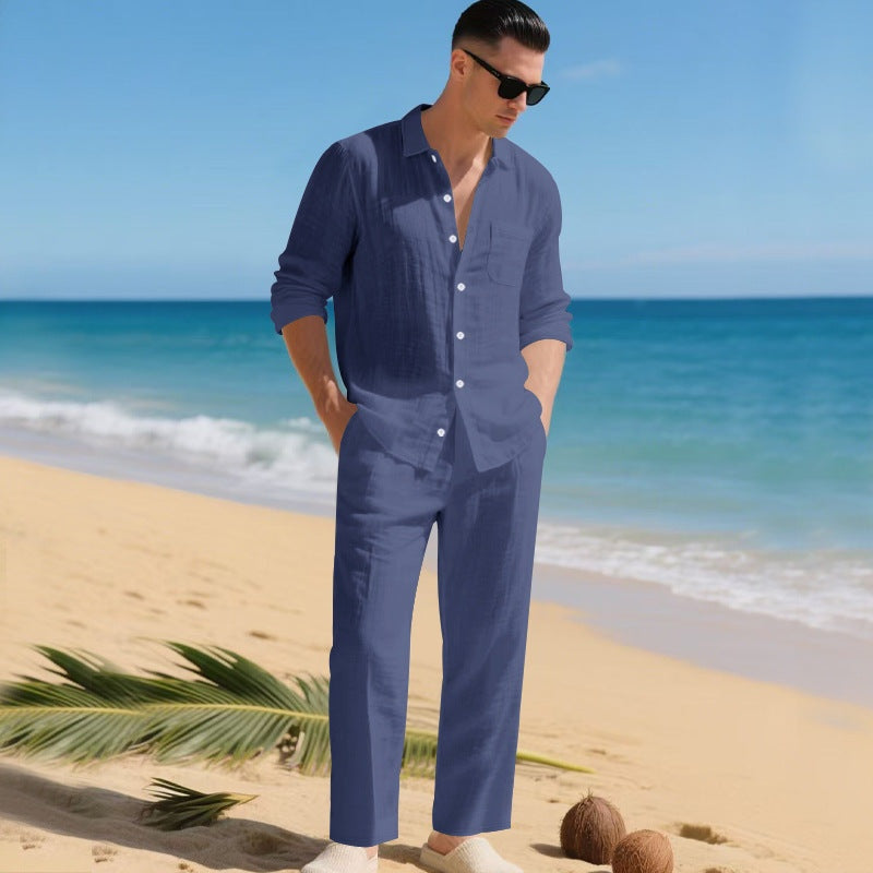 Conjunto de Lino Hombre Camisa Manga Larga y Pantalón