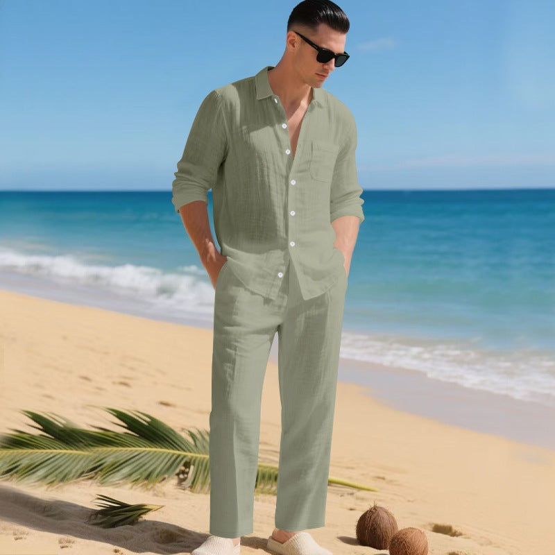 Conjunto de Lino Hombre Camisa Manga Larga y Pantalón